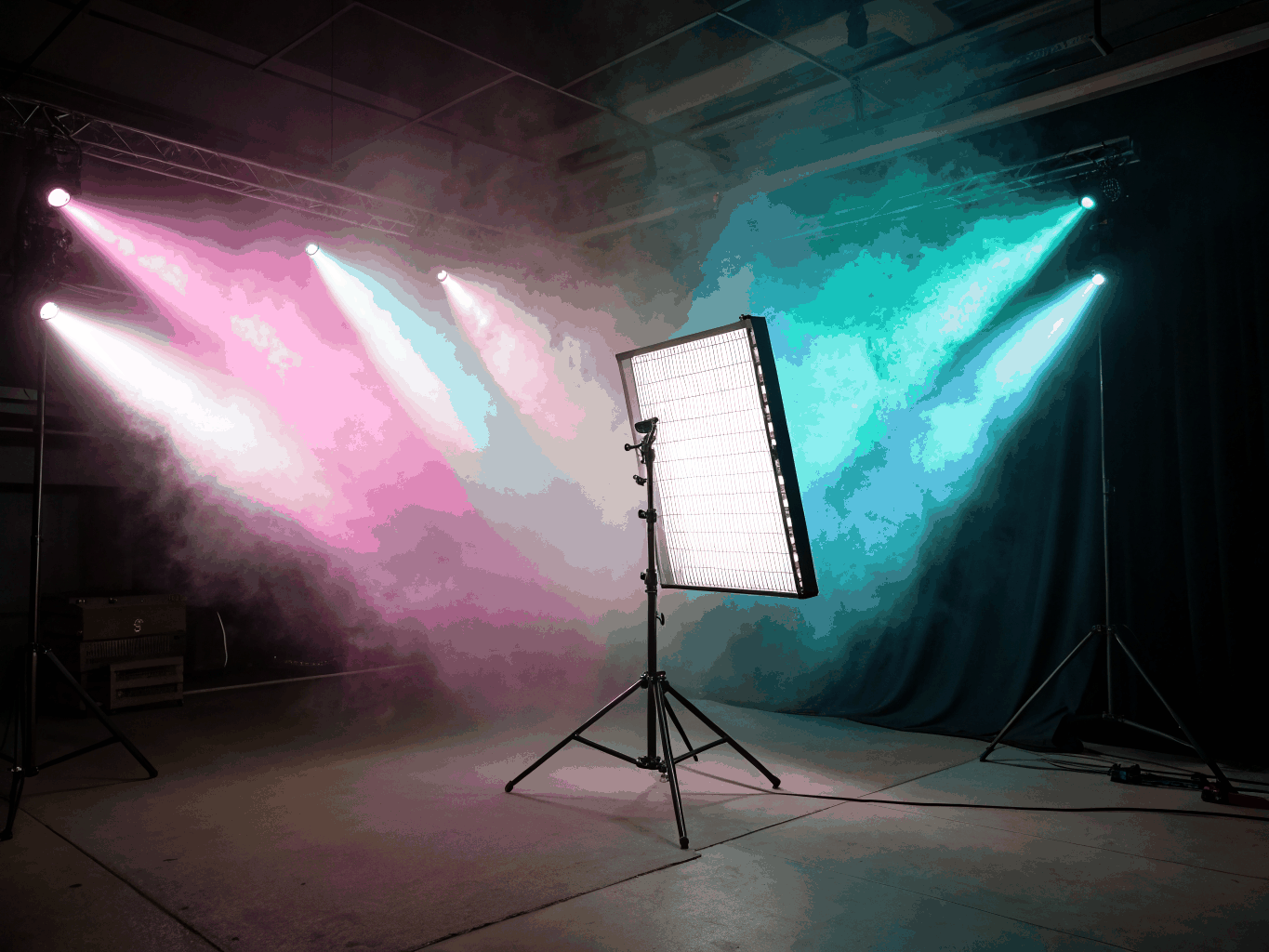 Panel LED iluminando stand en evento nocturno